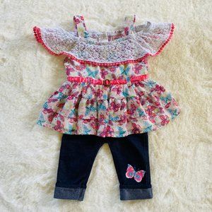 Girl’s Infant Outfit Size 12 months Butterfly Top Capri Denim Leggings